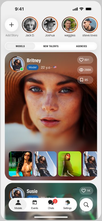 Models feed — stories & talent tabs